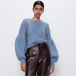 Zara Balloon Sleeves Knit Sweater- Blue with Silver Thread- Size Large- Thick
